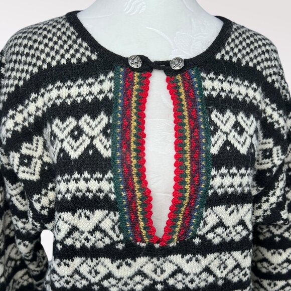 Vintage 80s Susan Bristol Shetland Wool Nordic Sweater Black White Small - Picture 2 of 10